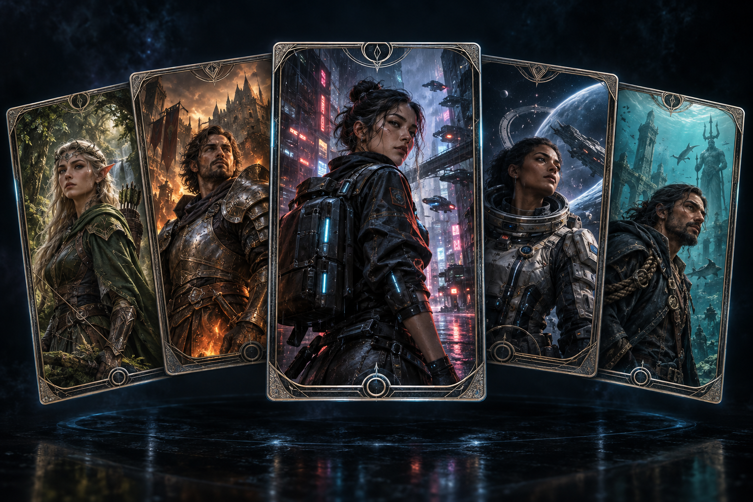 Five concept collectible cards showing characters from cyberpunk, fantasy, space and ocean worlds